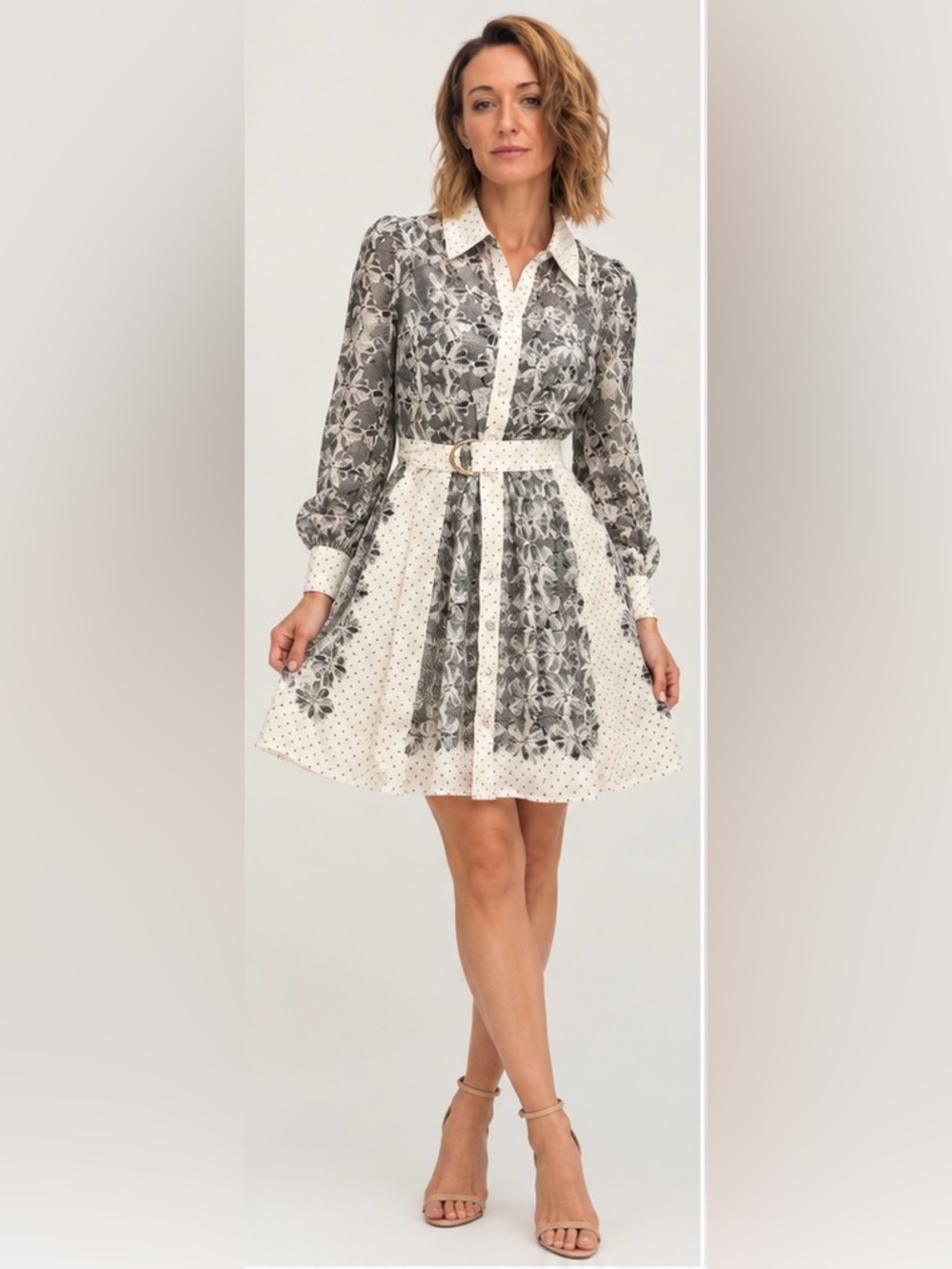 Karl Lagerfeld Cream and Black Floral Contrast Belted Mini Dress